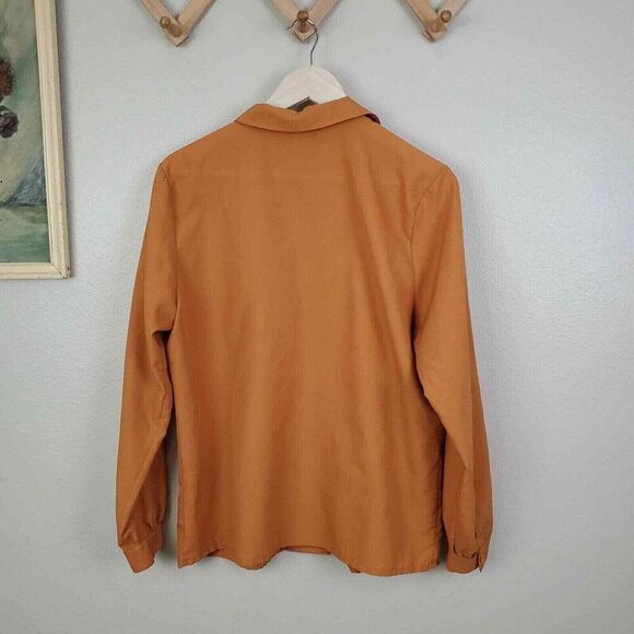 70s womens burnt orange pleat front top career button up blouse L - Picture 9 of 9